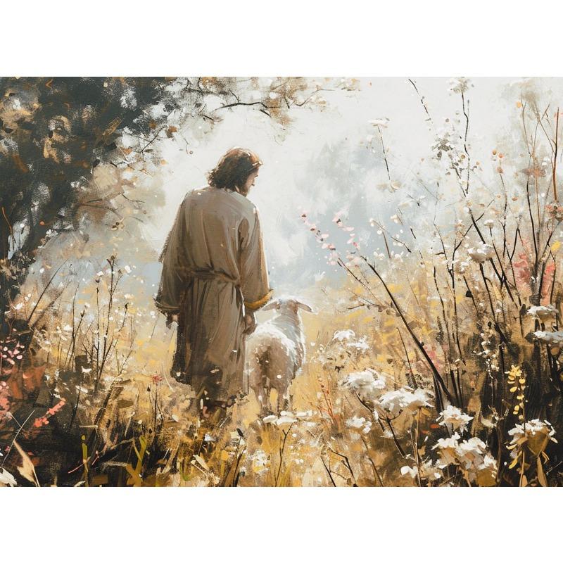 Watercolor Jesus and Landscape Christian Bible Verse Shepherd Poster Canvas Painting Wall Art Pictures Home Living Room Decor