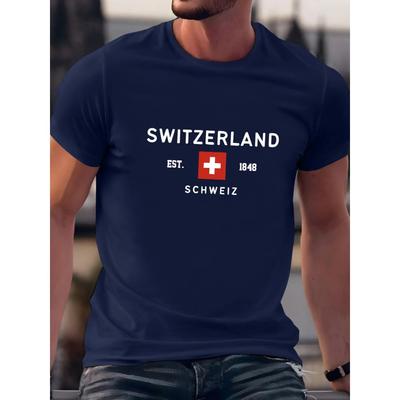 Summer Men's Casual Loose Plus Size Switzerland Pattern Printed Round Neck Short Sleeve Tee T-Shirt Top 2025