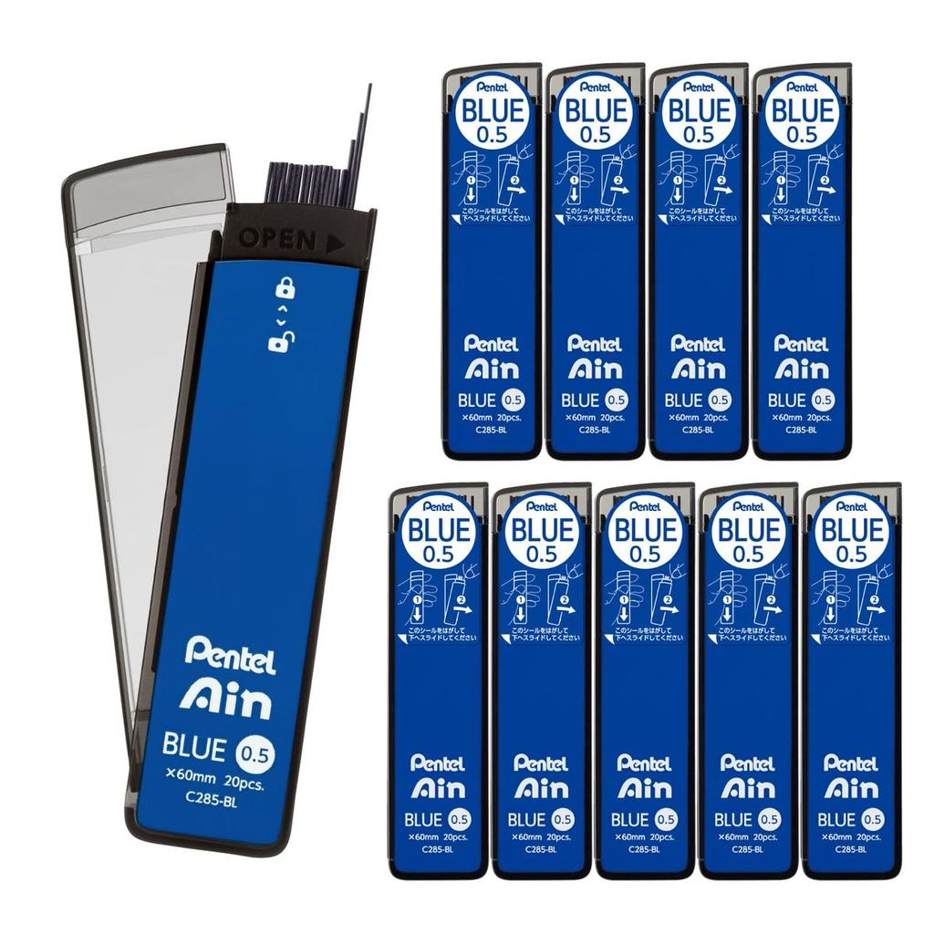 Pentel Ain Mechanical Pencil Lead Refills 0.5mm Blue 10-Pack C285-BL Smooth Break-Resistant