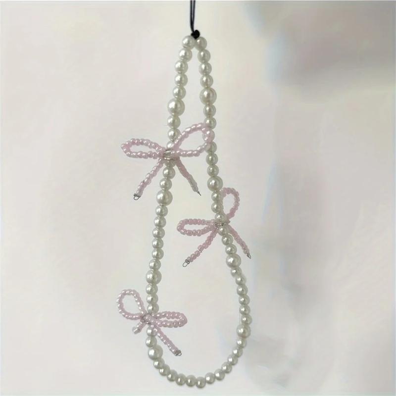 Korea Pink Bowknot Pearl Pendant Beaded Phone Charm for IPhone Accessrioes Lanyard Woman Girl Jewelry Hanging Rope Strap