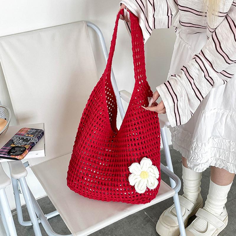 Solid Color Knitting Shoulder Bag Flower Large Capacity Bohemian Crochet Tote Bag Hollow Out Versatile Casual Woven Handbag