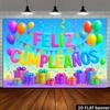 Bright Feliz Cumpleaños Tapestry, 2D Flat Printed with Multicolor Balloons and Gift Boxes for Photo Booth