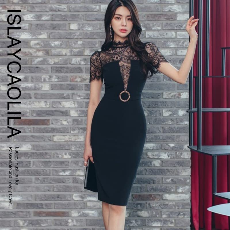 ISLAYCAOLILA E47 Sari Cabaret Mini Club Party Tight Midi Dress with High Short and Waistband Women's (Black, Medium) - Dress, Dress, Dress, Dress,