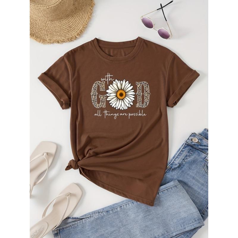 Round Neck Short-sleeved T-shirt with Lettering and Floral Patterns, Suitable for Casual Women's Wear in Spring and Summer