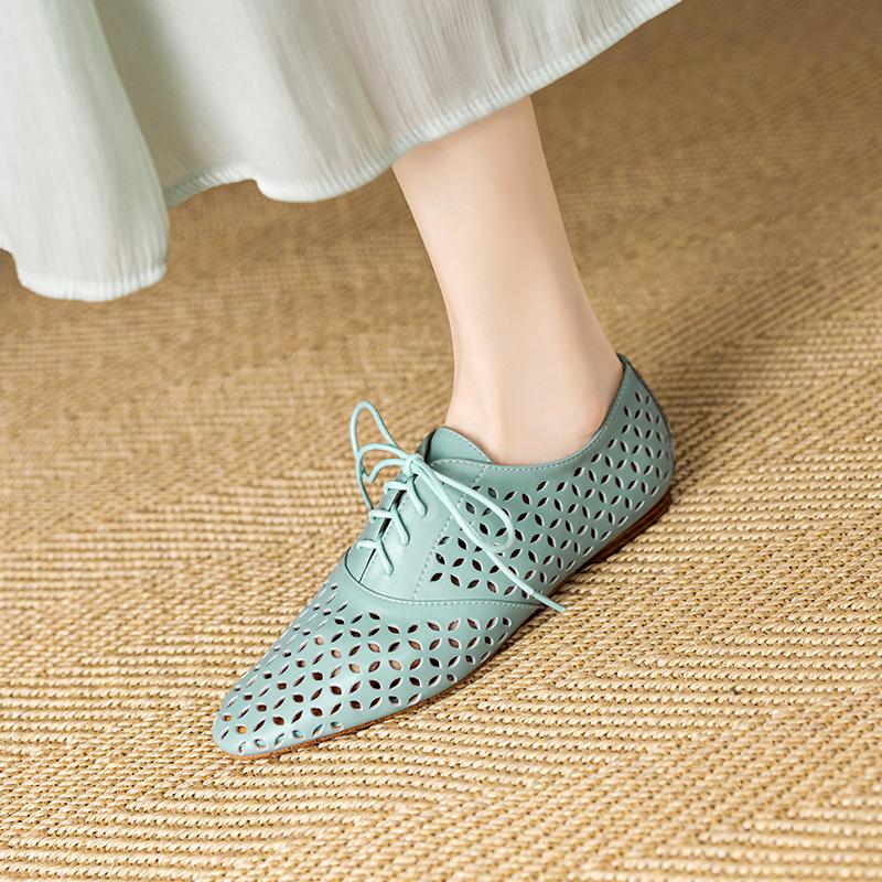 Fashion 2025 Summer New Women Flat Shoes Round Toe Hollow Out Basic Casual Working Comfortable Soft Genuine Leather Shoes Woman Concise