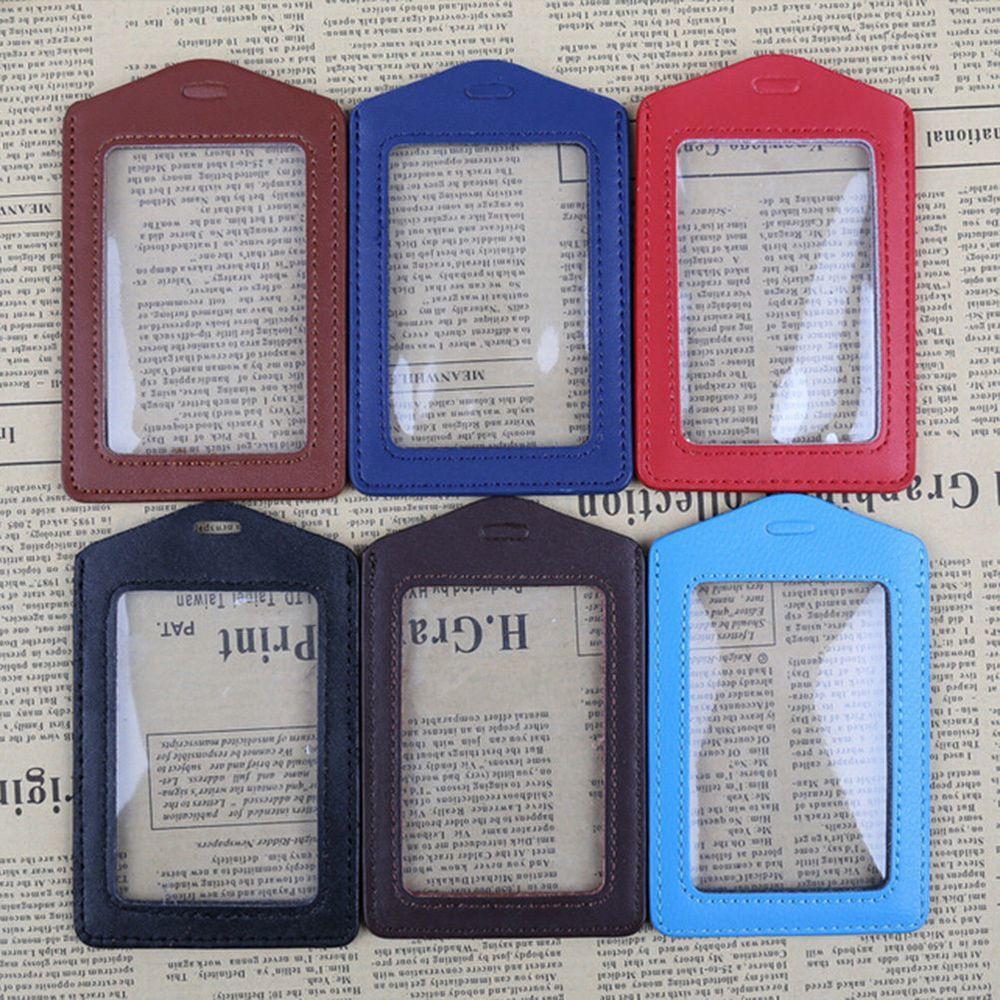 Pu Leather Id Badge Case Clear And Color Border Lanyard Holes Bank Credit Card Holders Id Badge Holders Accessories