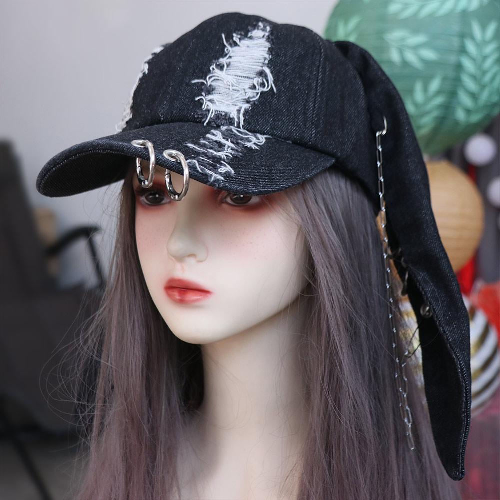 Y2K Chains Doberman Ears Hat Rabbit Bunny Ears Snapback Cap Casual Ripped Denim Baseball Cap  Girl