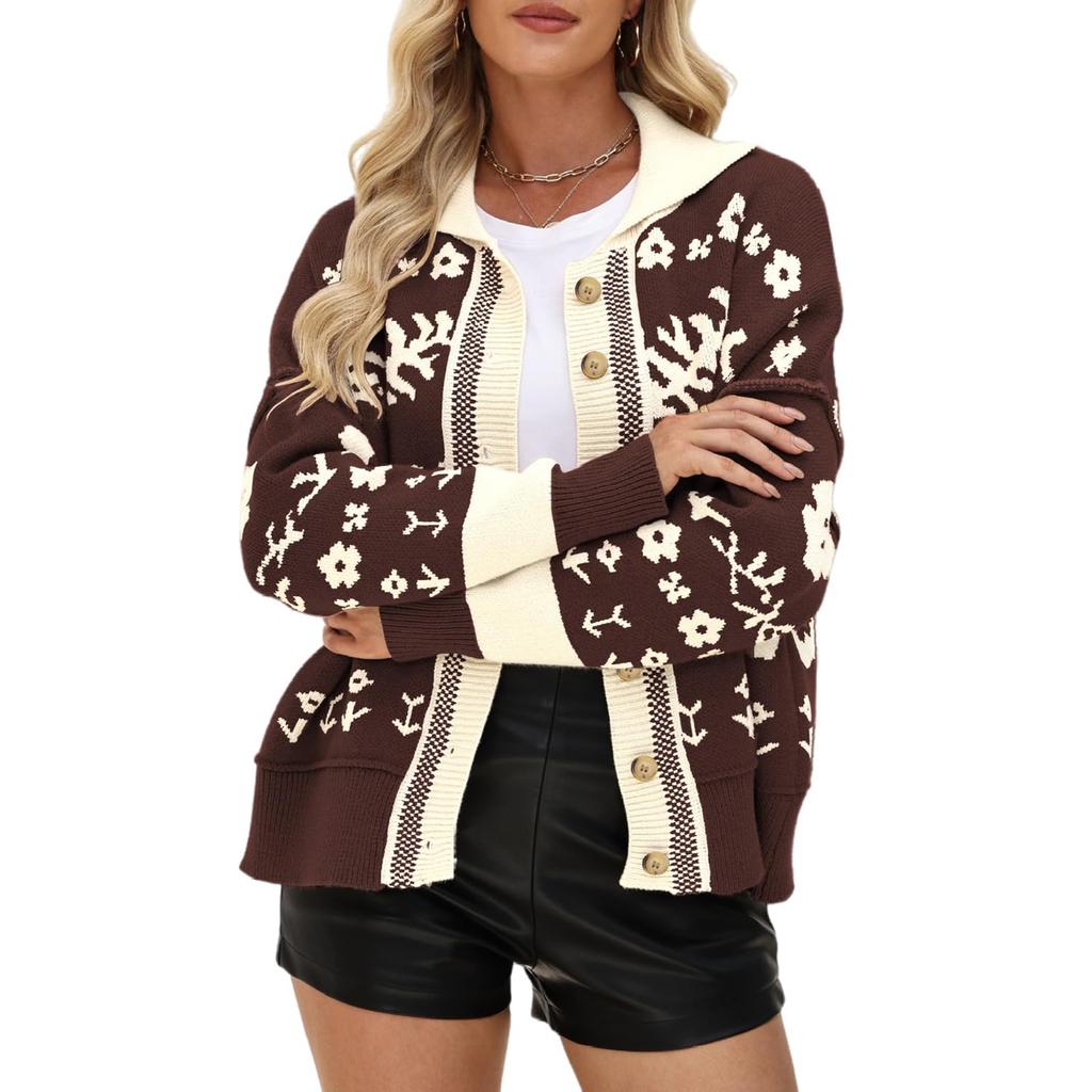 Women's Square Neck Button-Up Sweater Fashionable Loose-Fit Knit Cardigan Fuzzy Warm Coat