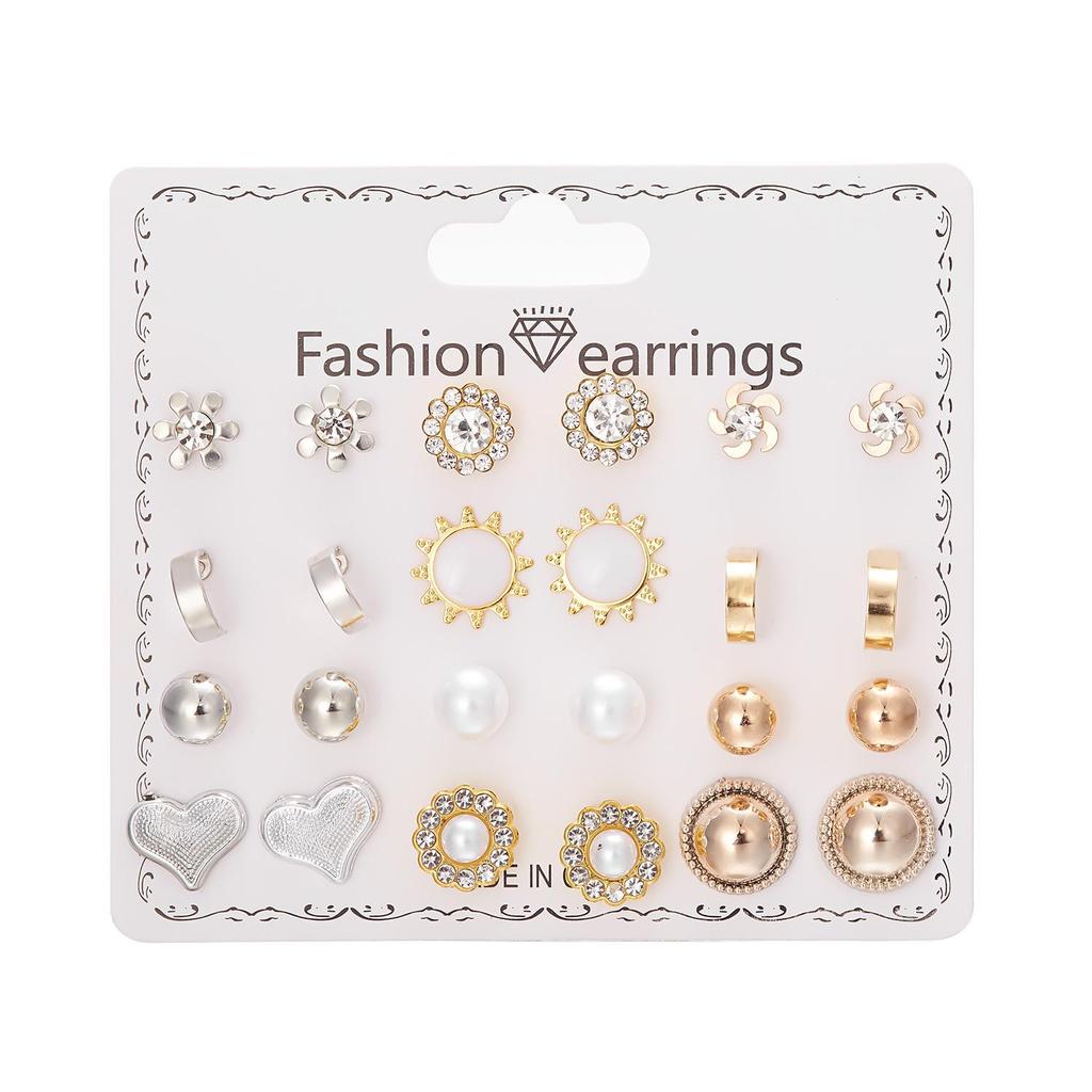 12-Pair Rhinestone Stud Earrings Set: Flower, Heart, Star & Moon Designs