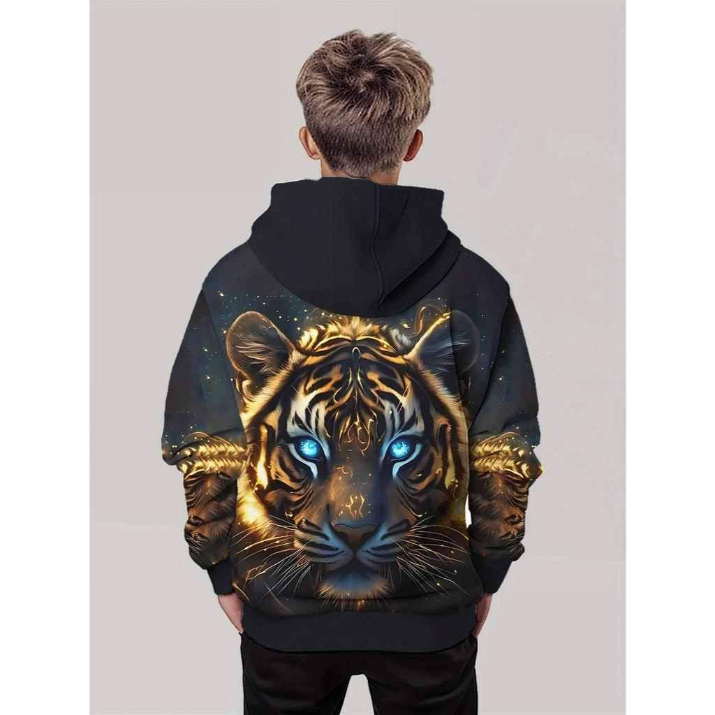 3D Digital Printed Fantasy Tiger Cool Pattern Hooded Sweatshirt, Fashionable and Trendy Casual Children's Clothing, Suitable for Boys To Go Out