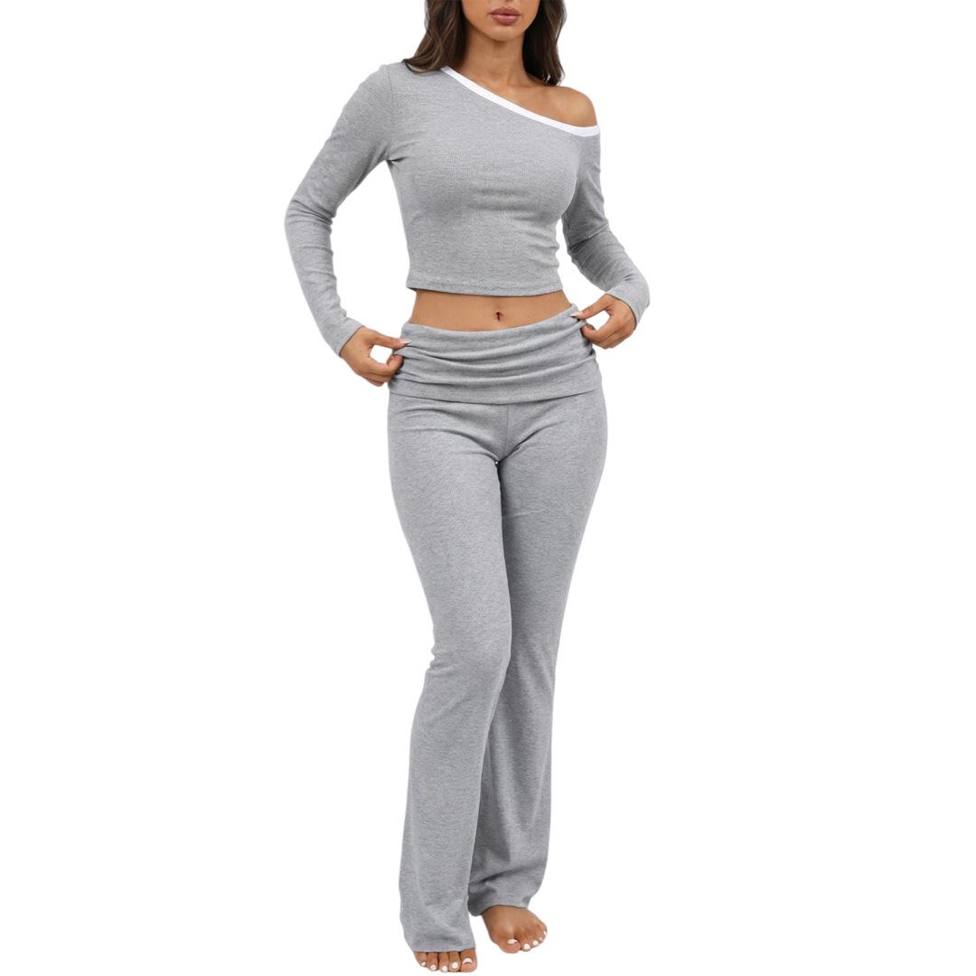 

European and American Style Women s Off-the-shoulder Crop Top and Pleated Long Pants Set Extra Large серый/цветочный