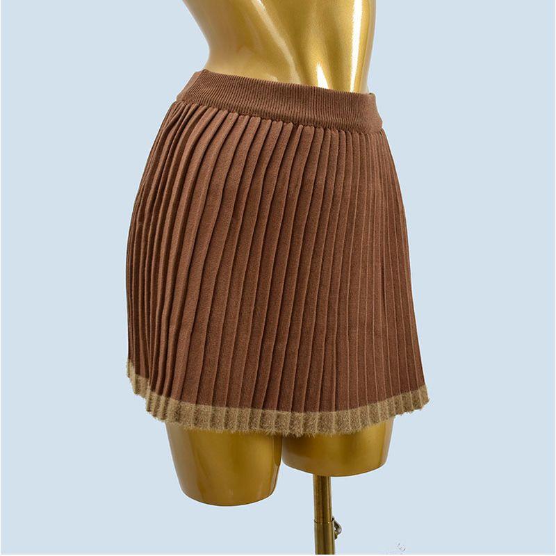 

Sexy Color Matching Knitting Skirt Women s Spring and Autumn Preppy Style Easiest for Match High Waist Slimming Pleated Skirt Base Skirt Khaki All yards