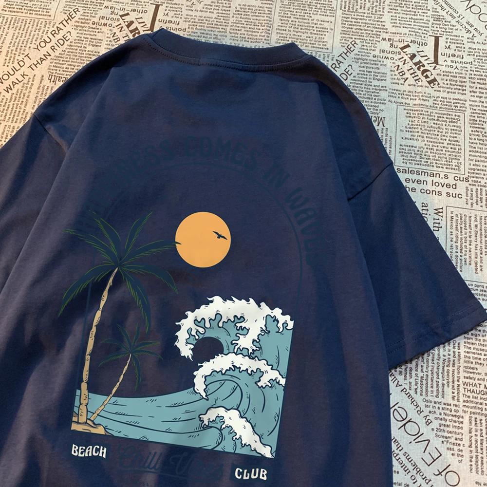 Happy to Wave printed men's T-shirt Clothing Fashion Loose top 100% cotton Creative casual T-shirt pattern loose T-shirt couple