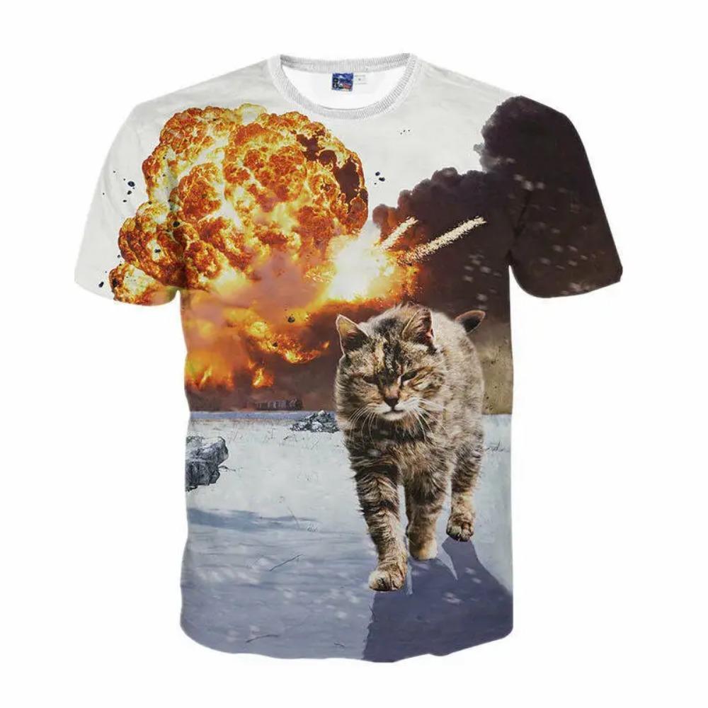 Funny Cat 3D Printed Boy's Round Neck T-Shirt Casual Short Sleeve Loose Fashion Top Trendy Streetwear