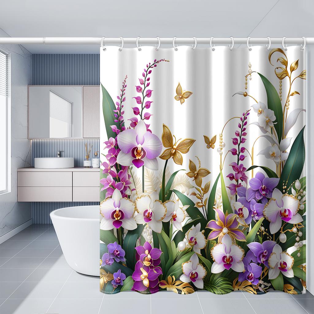 1pc white background purple flower pattern printed shower curtain, polyester fabric with hooks, simple style window and wall bat