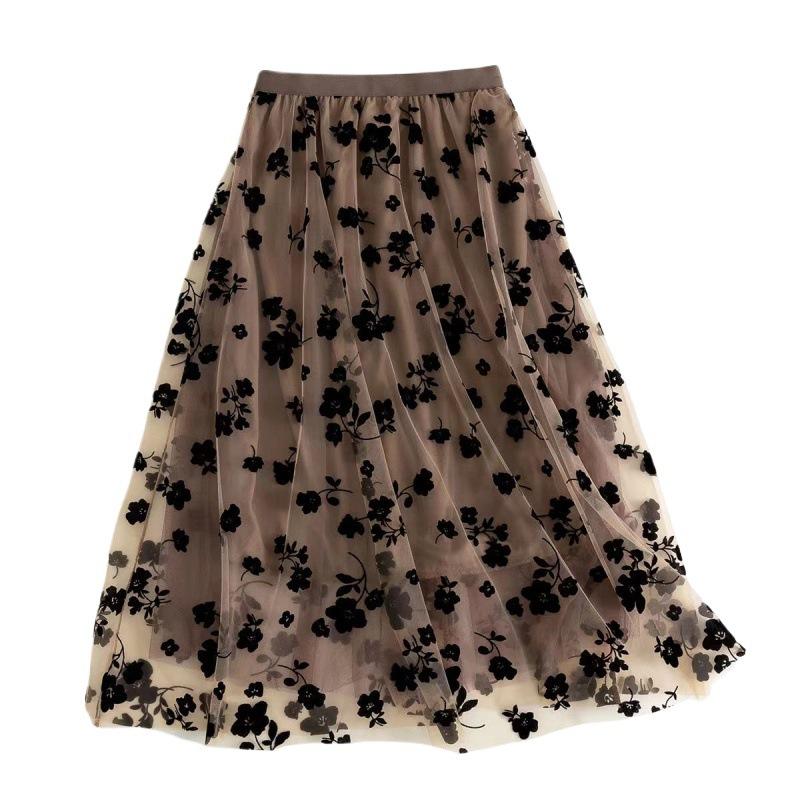 New Korean Women Tulle Skirt Fashion Summer Hook Floral Loose Midi Skirt Elegant Female Casual All Match Mesh Skirts