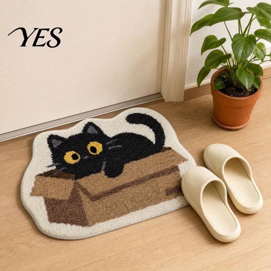 Anti-slip Floor Mat Plush Bathroom Rug, Non-Slip Absorbent Fluffy Mat, Cute Sturdy Black Cat Door for Entrance Bedroom Living Room Wear-resistant