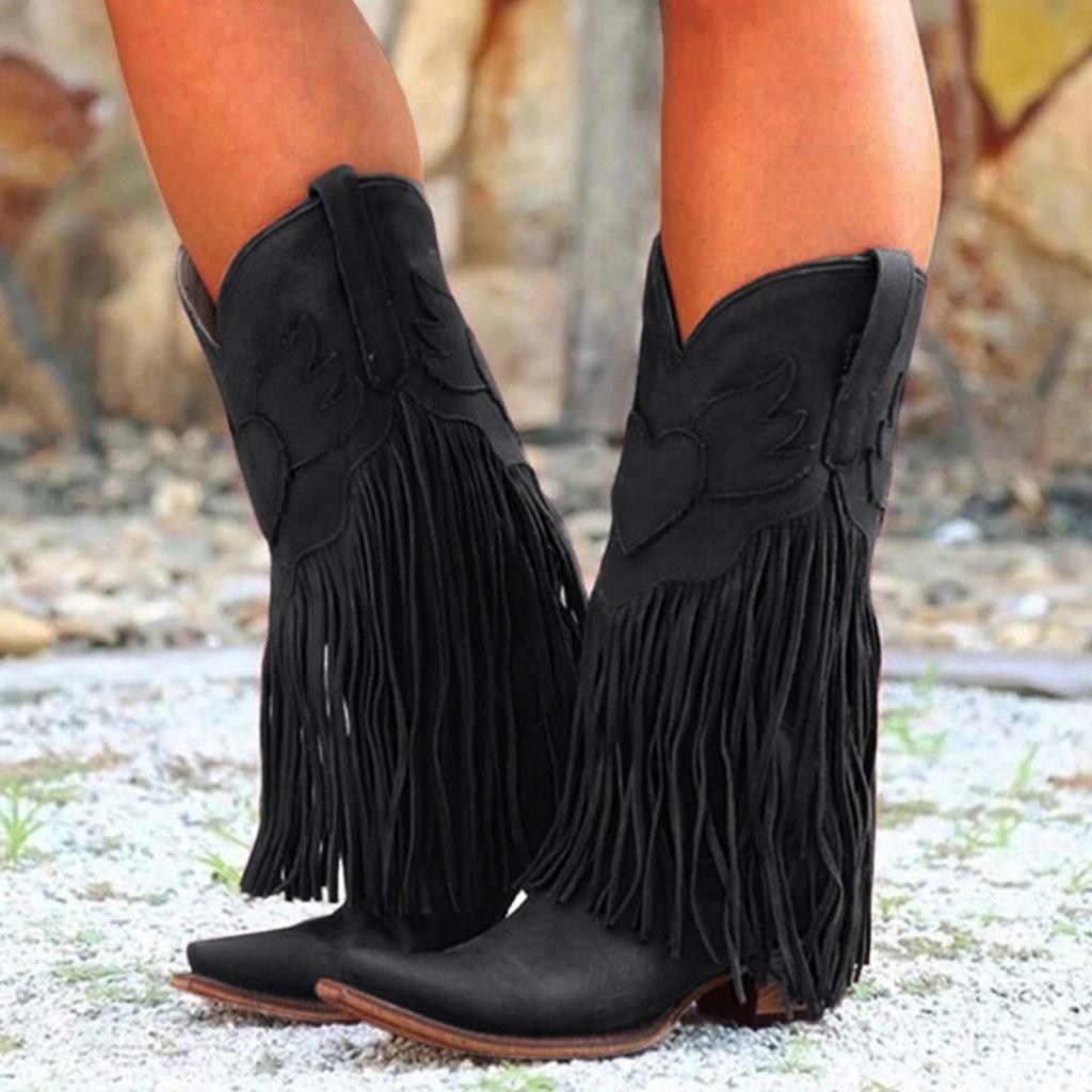 Fringe Boots For Women Mid Calf Women's Boots Comfortable Pull On Chunky Heel Pointed Toe Fringed Boots Western Knee High Fit