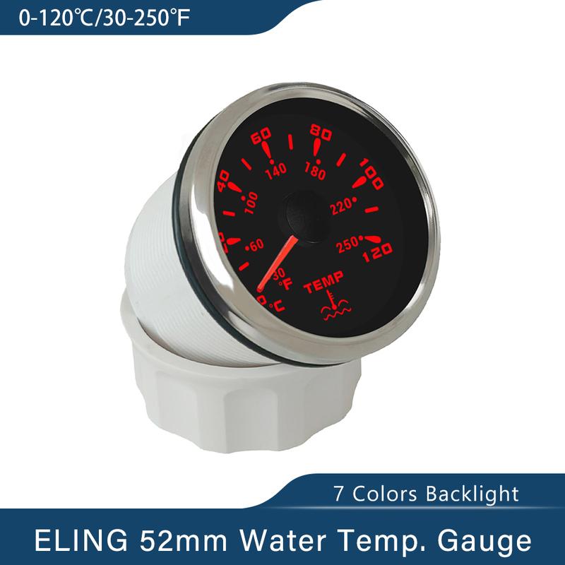ELING 52mm Water Temp Meter 0-120℃/30-250℉ Temperature Gauge Indicator with 7 Colors Backlight for Boat Car Motorcycle 9-32V