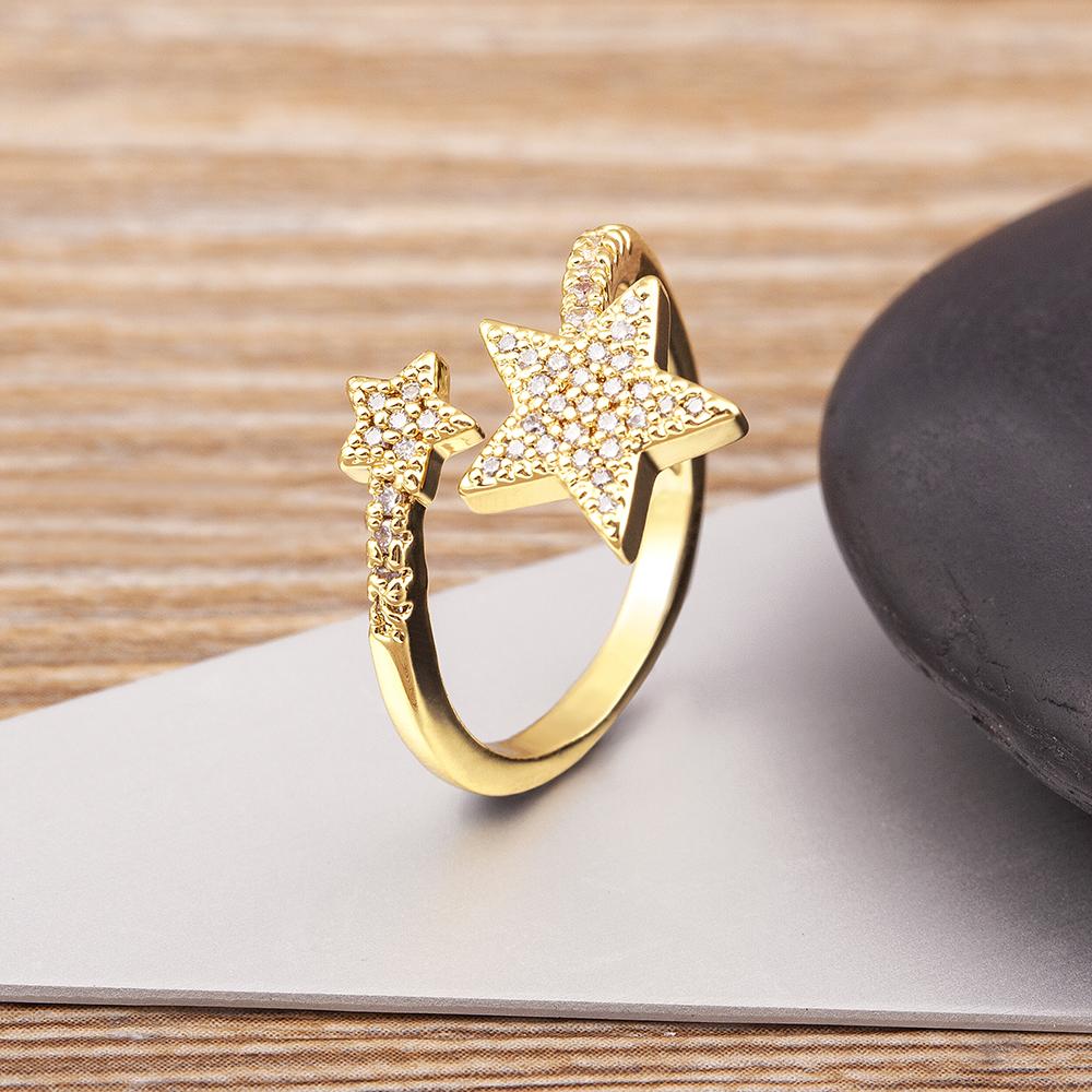 Nidin New Hip Hop Rock Five Star Rings Men Women Luxury Gold Color Rhinestones Zircon Pentagram Adjustable Wedding Party Gift