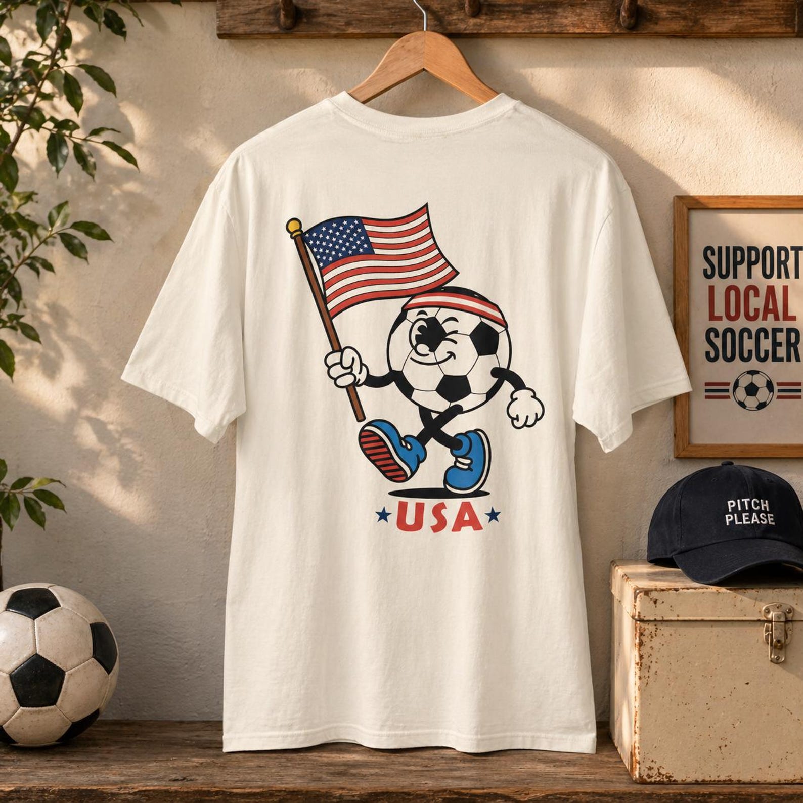 USA Soccer Cartoon Ball T-Shirt | American Flag Vintage Soccer Ball 3XL