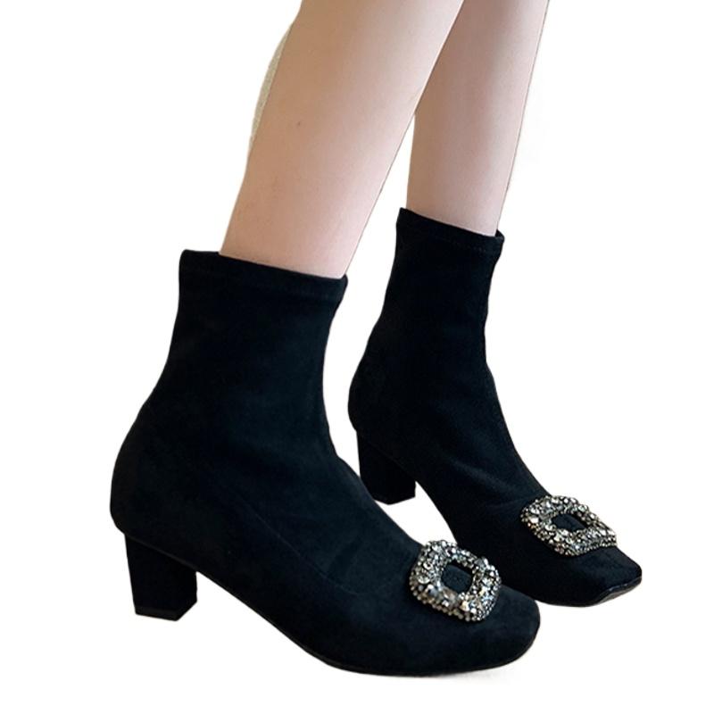 Suede Women Ankle Boots Chunky Crystal Fashion Mid Heels Shoes Winter 2024 New Trend Elegant Pumps Woman Snow Short Botas Mujer