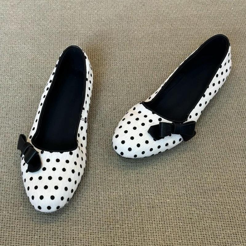 Sheepskin Version~ French Polka Dot Bow Round Head Shallow Mouth Mary Jane Shoes Women's Height-increasing Single Shoes In Spring and Autumn