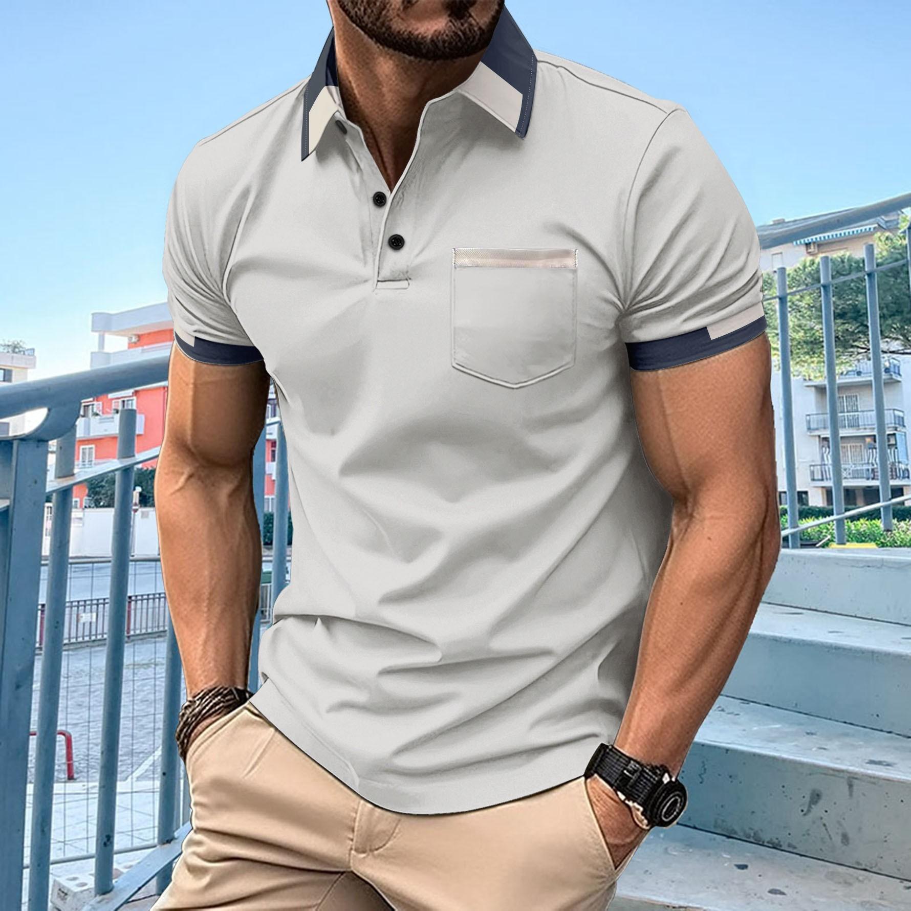 WowClassic Heren POLO Shirt Borstzak Effen Kleur Casual Mode Korte Mouw T-shirt M grijs