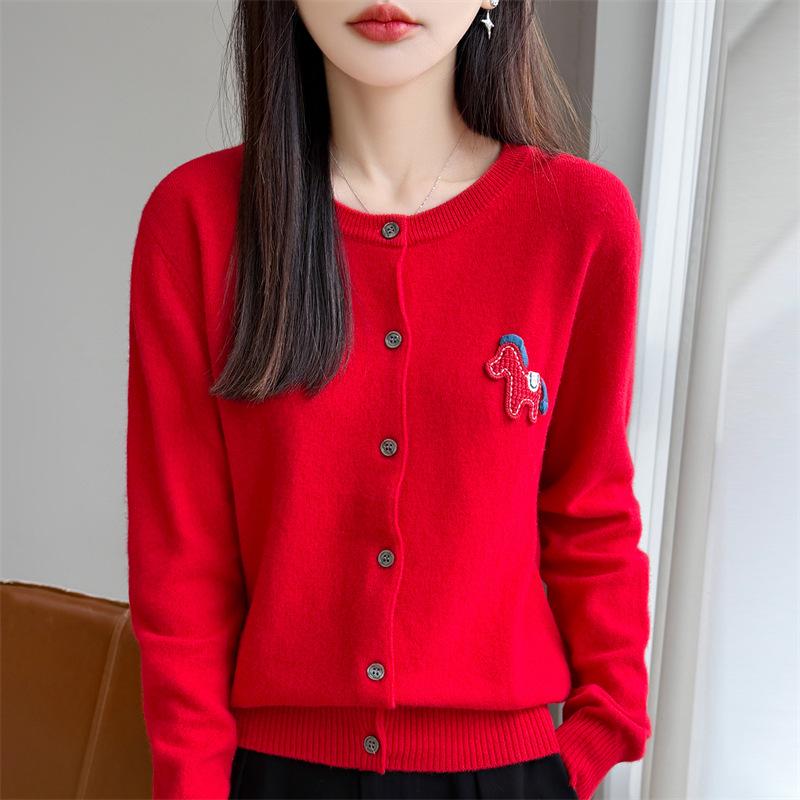 Korean Little Pony Embroidered Round-Neck Red Knit Cardigan: Women's Loose Fit High-End Style Sweater