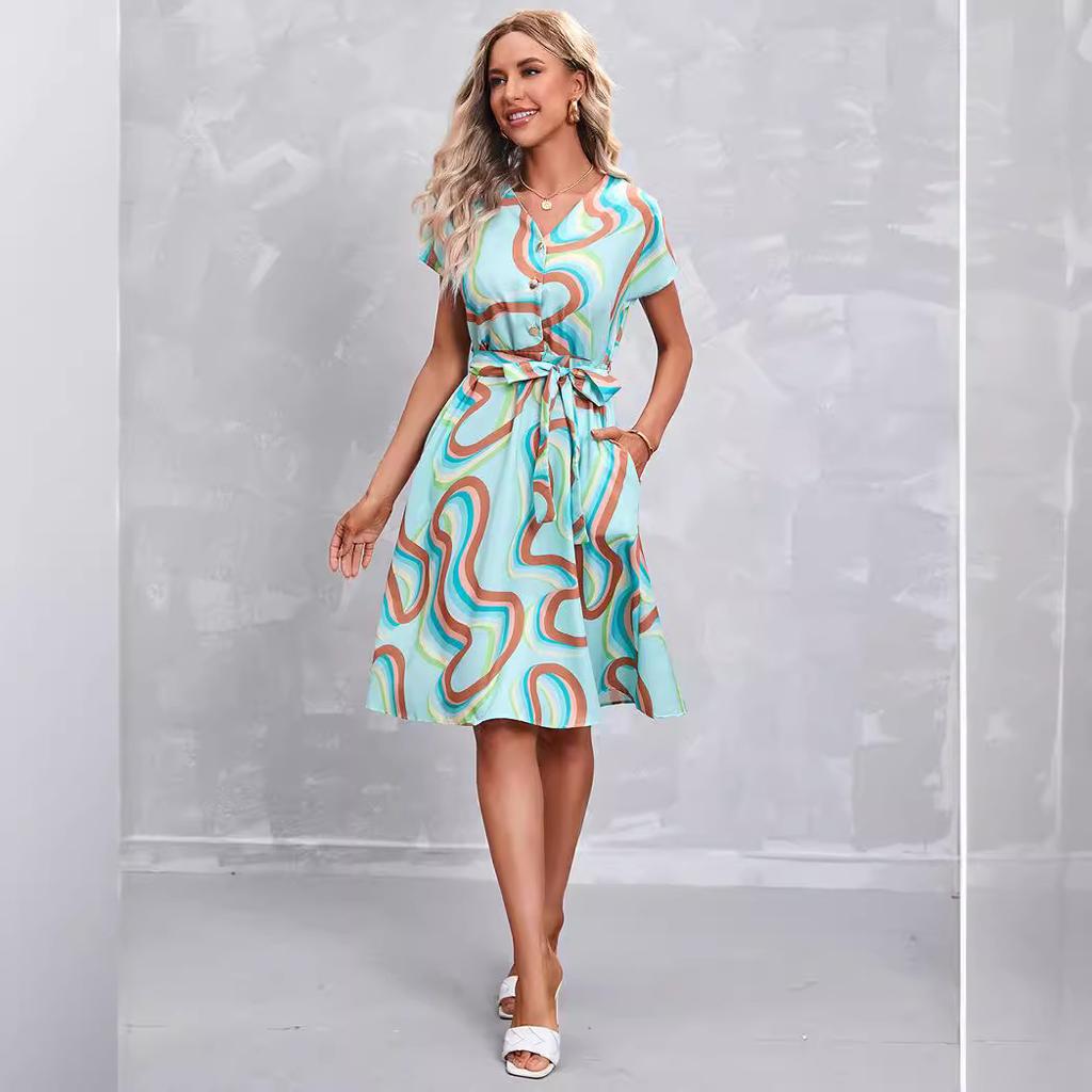 Womens Clothing Popular Summer Updated Printed Short-sleeved Dress