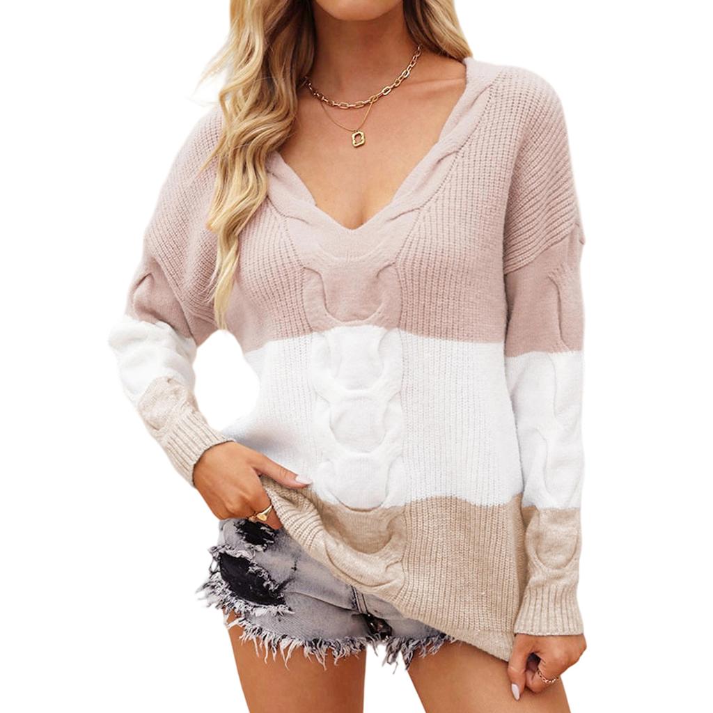 Women's Casual V-neck Fashion Colorblock Loose Pullover Long-sleeved Top