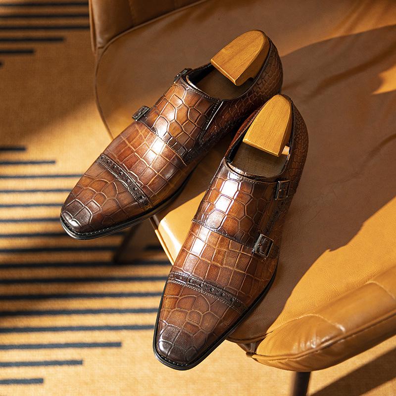 Men's Genuine Leather Slip-On Monk Shoes - Square Toe Business Casual