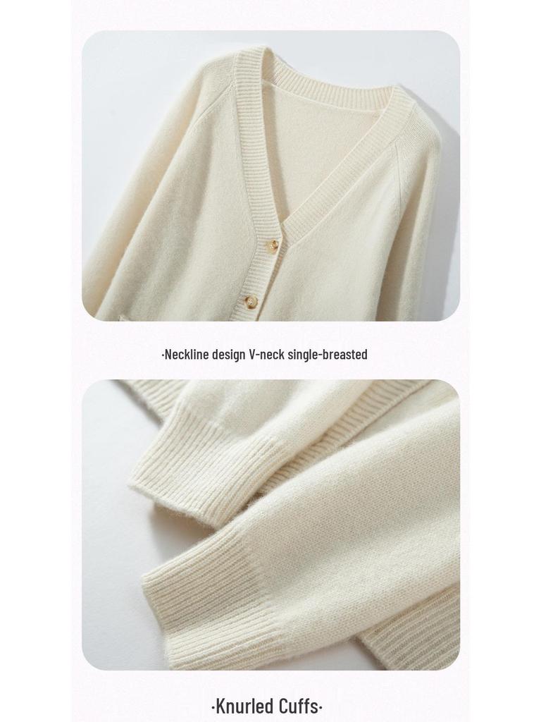 Women's Cashmere V-neck Cardigan: Autumn/Winter, Slimming, Knitted, Raglan Sleeve, Versatile Sweater.