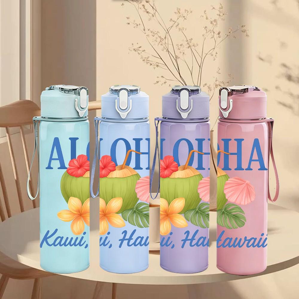 1PC Aloha Hawaii Quote 750ml Color Plastic Sports Water Bottle Leakproof Flip Straw Lid Suitable for Sports Office Home Use