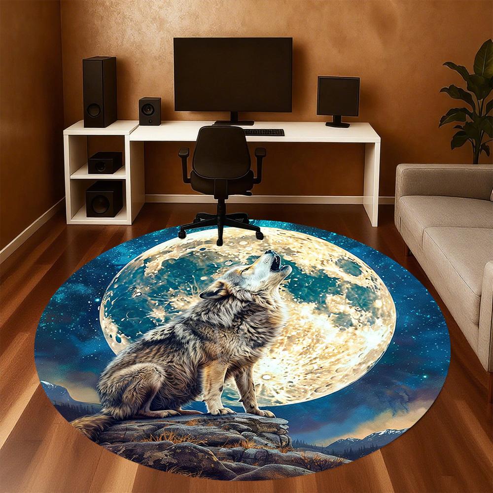 1PC wolf howling moon Office Round Area Rug, Under Office Chairs Bedroom Living Room Home Decor, Carpet for Office -1110016