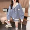 Spring Summer Contrast Lacing Loose T-Shirts Polo Neck Long Sleeve Patchwork Tops Tees Casual Women Clothing