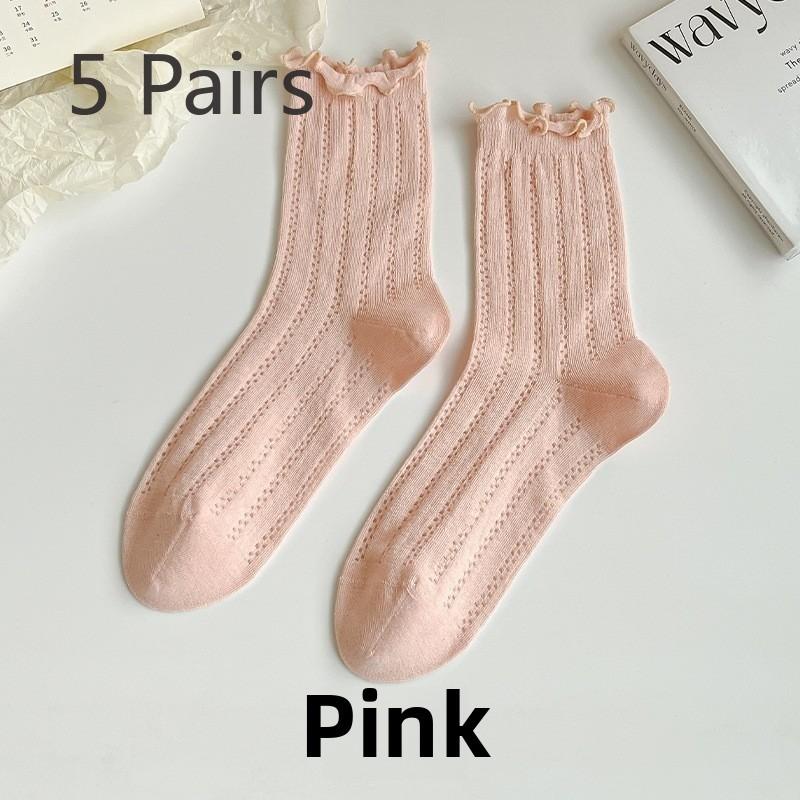 5 Pairs Ballet Style Hollow Mesh Wooden Ear Lace Socks Summer Thin Section of Boneless Mid-calf Socks Candy-coloured Stacked Socks