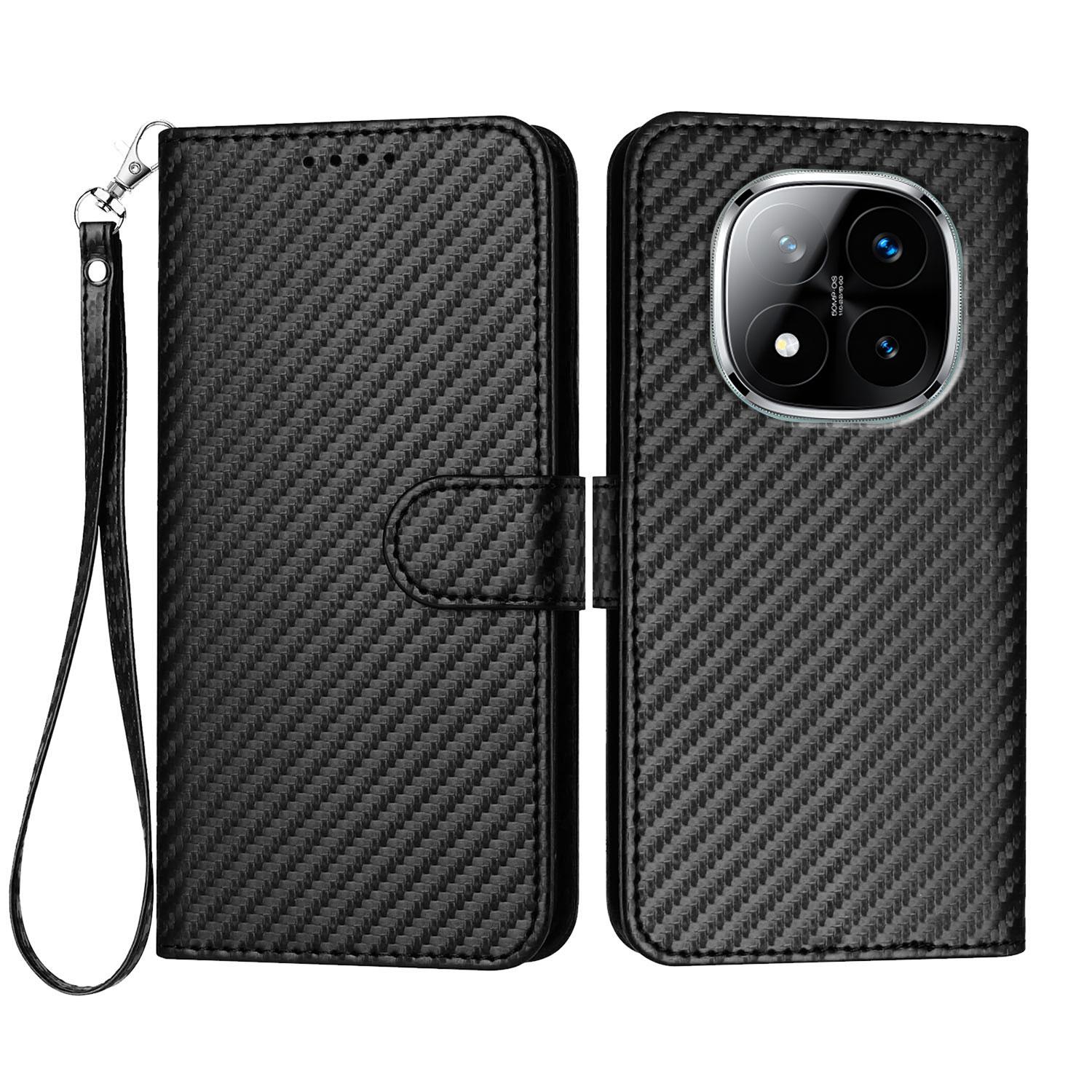 

For Xiaomi Redmi Note 14 Pro+ 5G/Xiaomi Poco X7 5G/Xiaomi Redmi Note 14 Pro 5G Wallet Case with Strap Carbon Fiber Texture Leather Mobile Cover Black