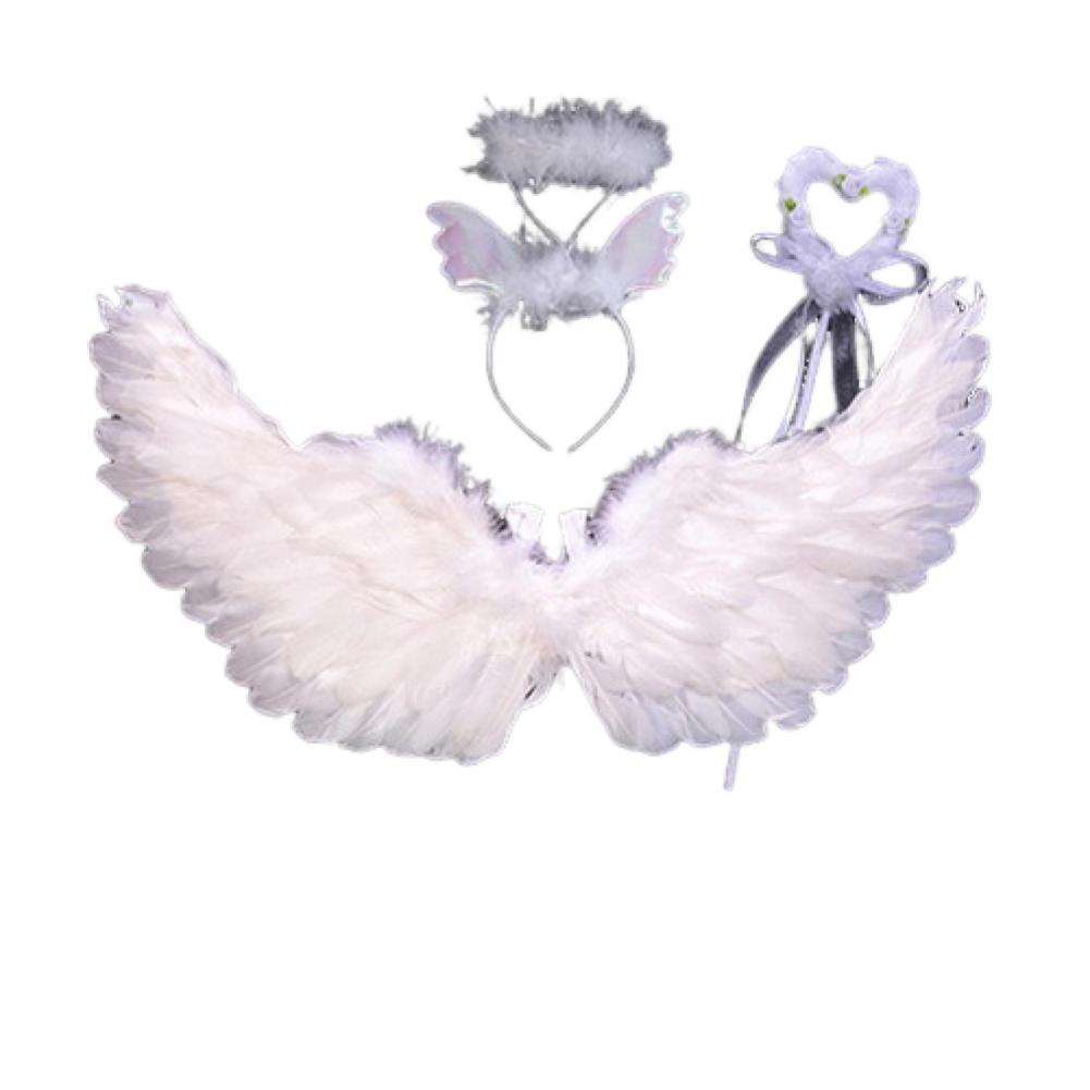 1 Set Cosplay Wings Set Feathered Angel Black Witch Wings Set With Headband Wand Halloween Role-playing Kids Angel Wings Outfit