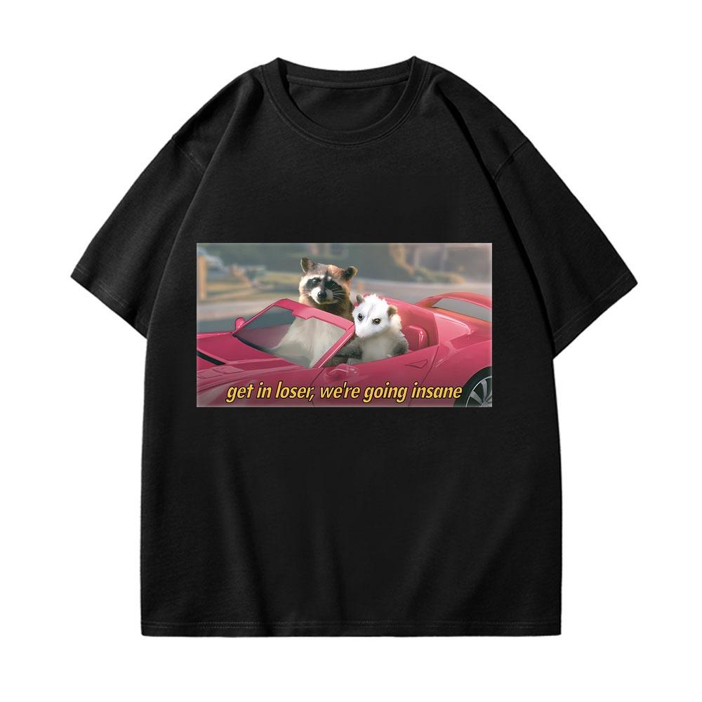 2026 Summer Mens Letter Raccoon Mouse Printed Round Neck Tshirt Neutral Trendy Casual Loose 100 Cotton Short Sleeve S