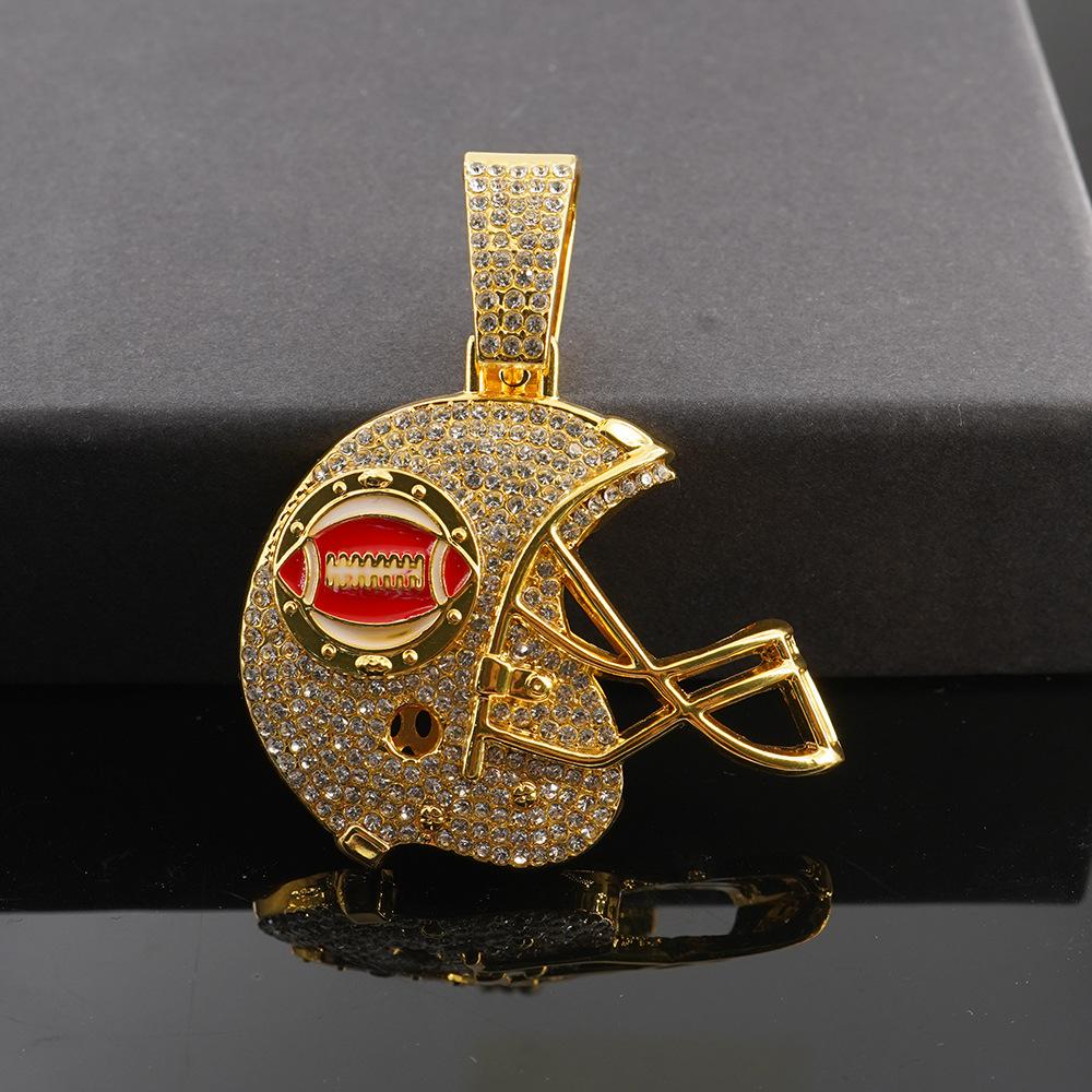 New hip-hop full diamond trend bouncing football helmet pendant with 5mm twist chain necklace