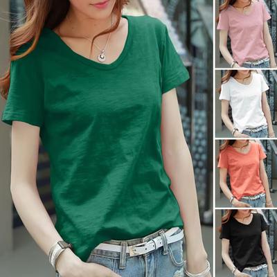 Women T-shirt V-Neck Short Sleeve Loose Fit Tee Shirt Solid Color Soft Elastic Summer Tops Daily Wear