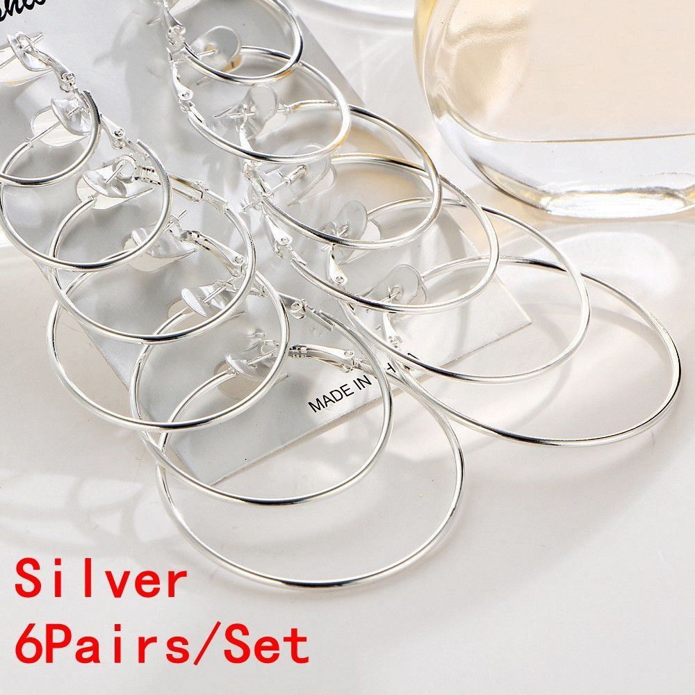 6Pairs/Set Silver Party Fashion Dangle Ear Stud Piercing Jewelry Hoop Earrings Set