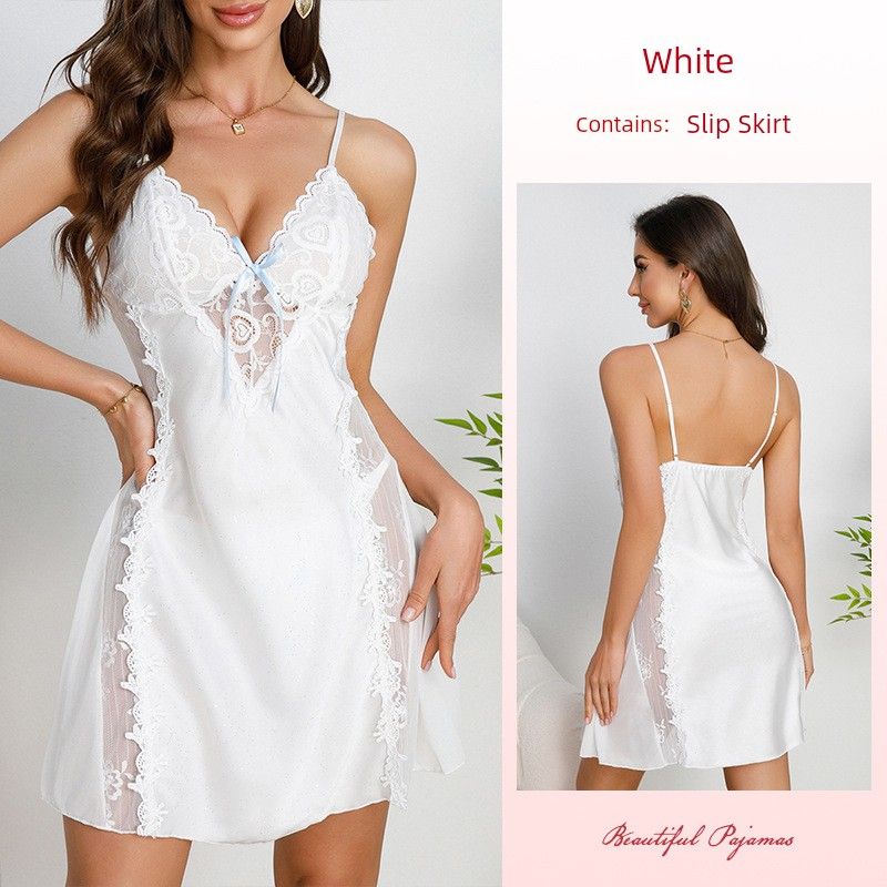 

2025 New Arrival Couple Date Suspender Skirt/Pure Desire Style Deep V Nightdress/Lace Skirt White L