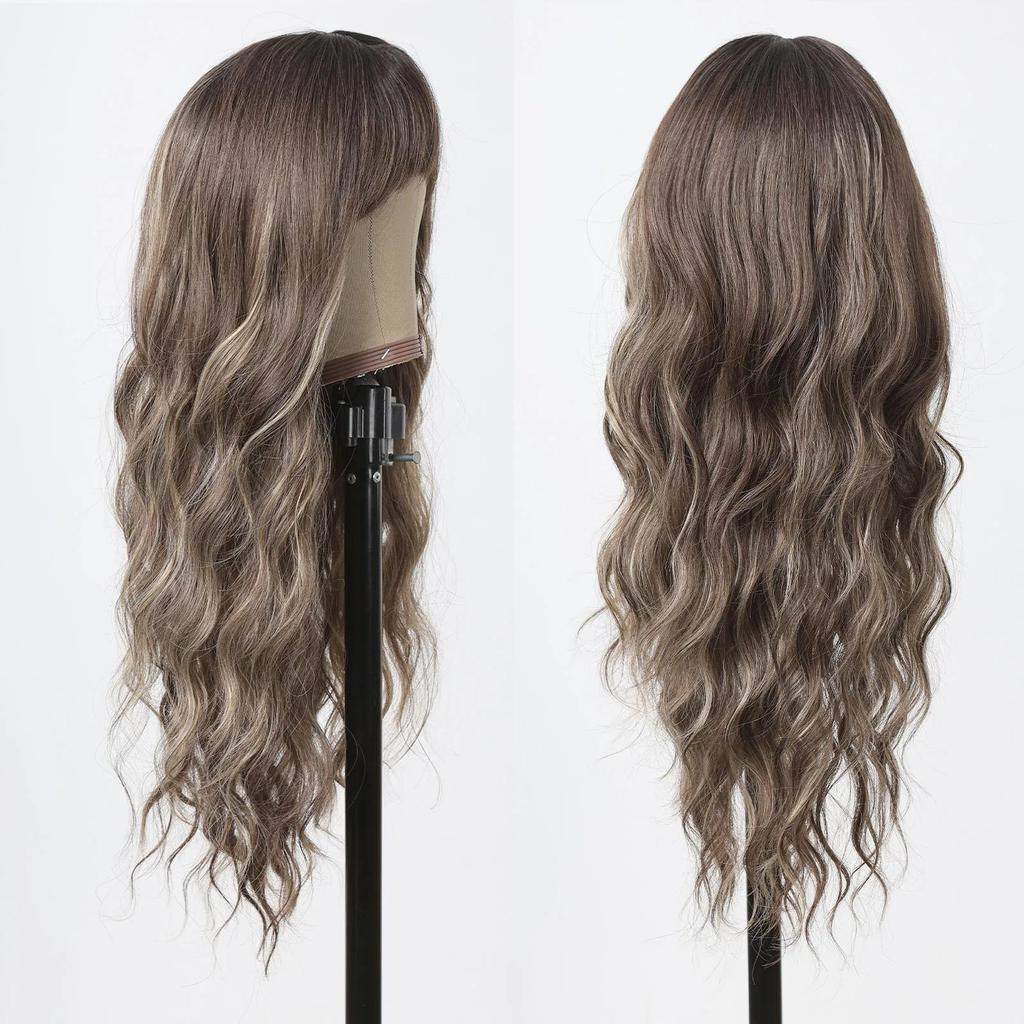 ALAN EATON Brown Highlight Long Wave Wigs for Women Synthetic Wig with Bangs Ombre Mixed Color Natural Looking Hair for Daily