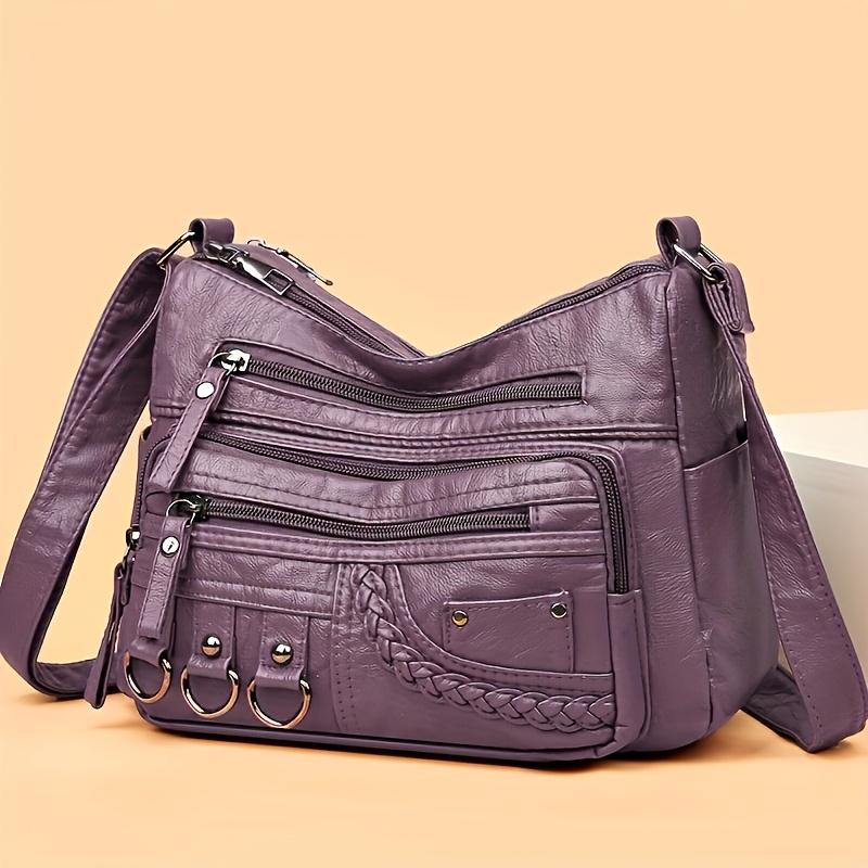 Women'S Large Capacity Shoulder Crossbody Bag, Multi Layer Zipper Pocket Synthetic Handbag Purse with Golden-Tone Hardware
