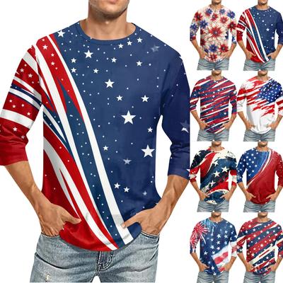 Men's Fashion Casual Independence Day Print Neck Seven-point Sleeve Top T-shirt