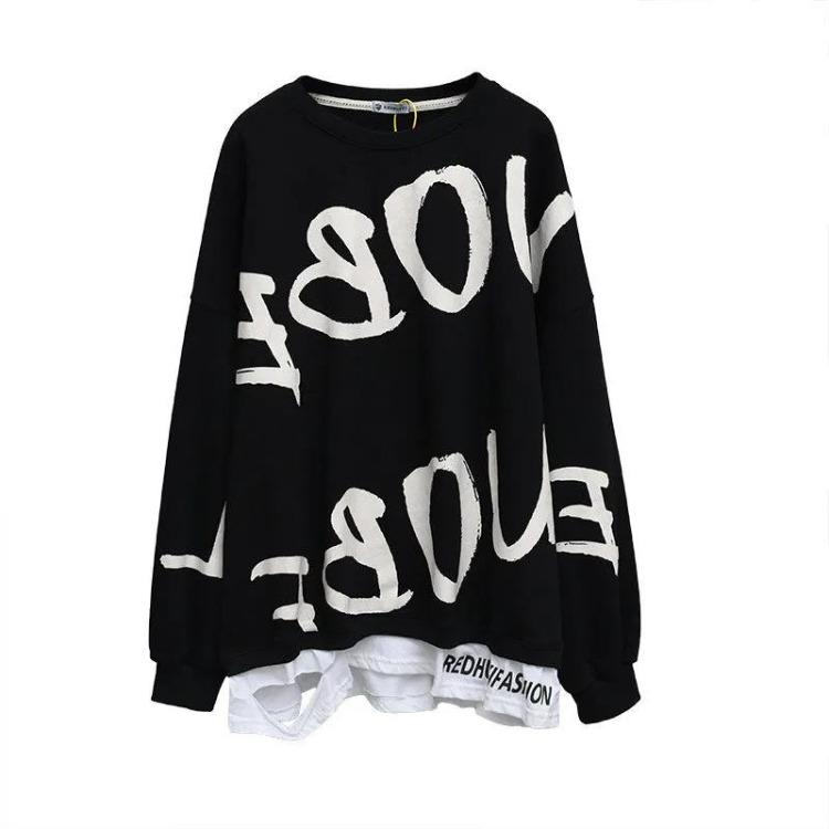 Oversized Pullover Sweatshirt met Lange Mouwen voor Dames Katoen Losse Jumpers Top Nep Twee Delen Ontwerp
