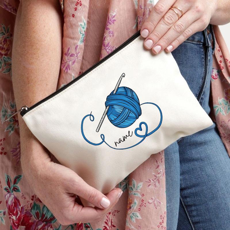 Knit Print Custom Name Canvas Pouch Travel Sundry Storage Toiletry Bags Lipstick Makeup Bag Personalized Gift for Crochet Lovers