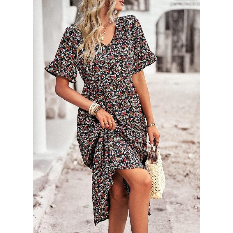 V-neck Short Sleeve Floral Printed Dress Summer Fashion Elegant Loose Long A-line Party Dresses Casual Bohemian Beach Slim Fit Elegant Clothing